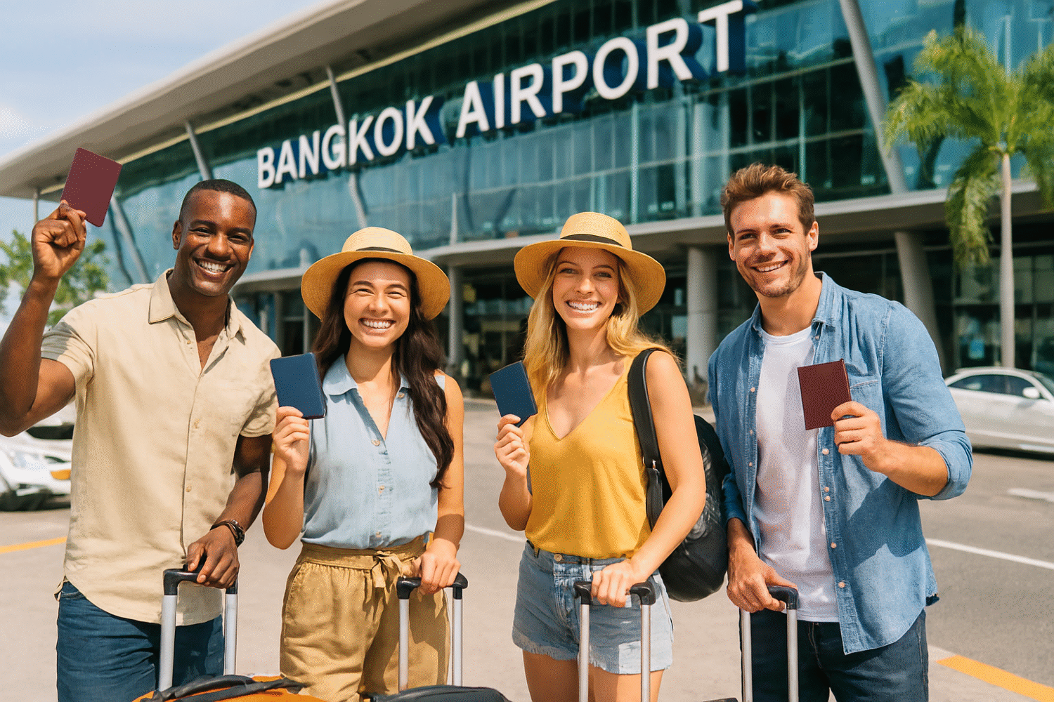 группа туристов разных национальностей на фоне современного терминала аэропорта Бангкока. Яркий солнечный день, стеклянный фасад здания отражает голубое небо и пальмы, создавая атмосферу отпуска и лёгкости. Все четверо улыбаются, держат чемоданы и паспорта, одеты в повседневную летнюю одежду: рубашки, шорты, шляпы. Их позы и выражения лиц передают радость путешествия и предвкушение новых впечатлений. Стиль снимка — рекламный, с акцентом на позитивные эмоции, дружелюбие и интернациональность.
